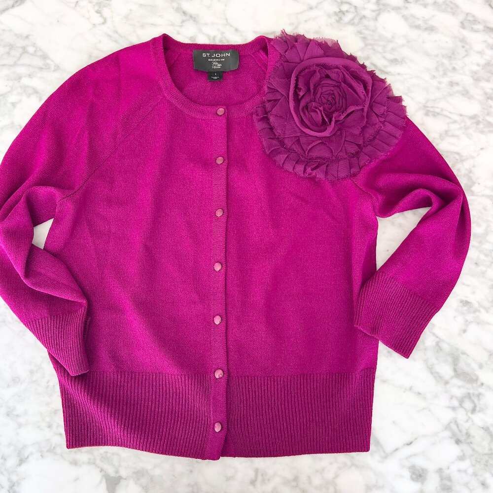 St.John knit purple cardigan with flower applique size small
